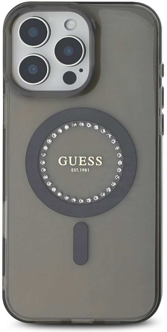 Guess IML Rhinestones Ring MagSafe Zadní Kryt pro iPhone 16 Pro Black
