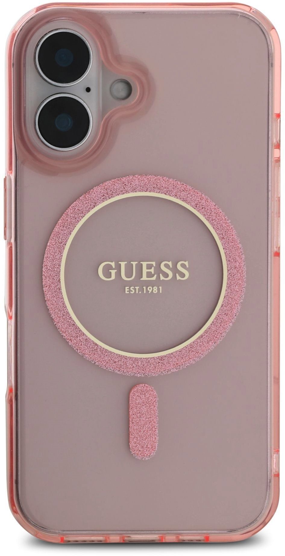 Guess IML Glitter Ring MagSafe Zadní Kryt pro iPhone 16 Pink