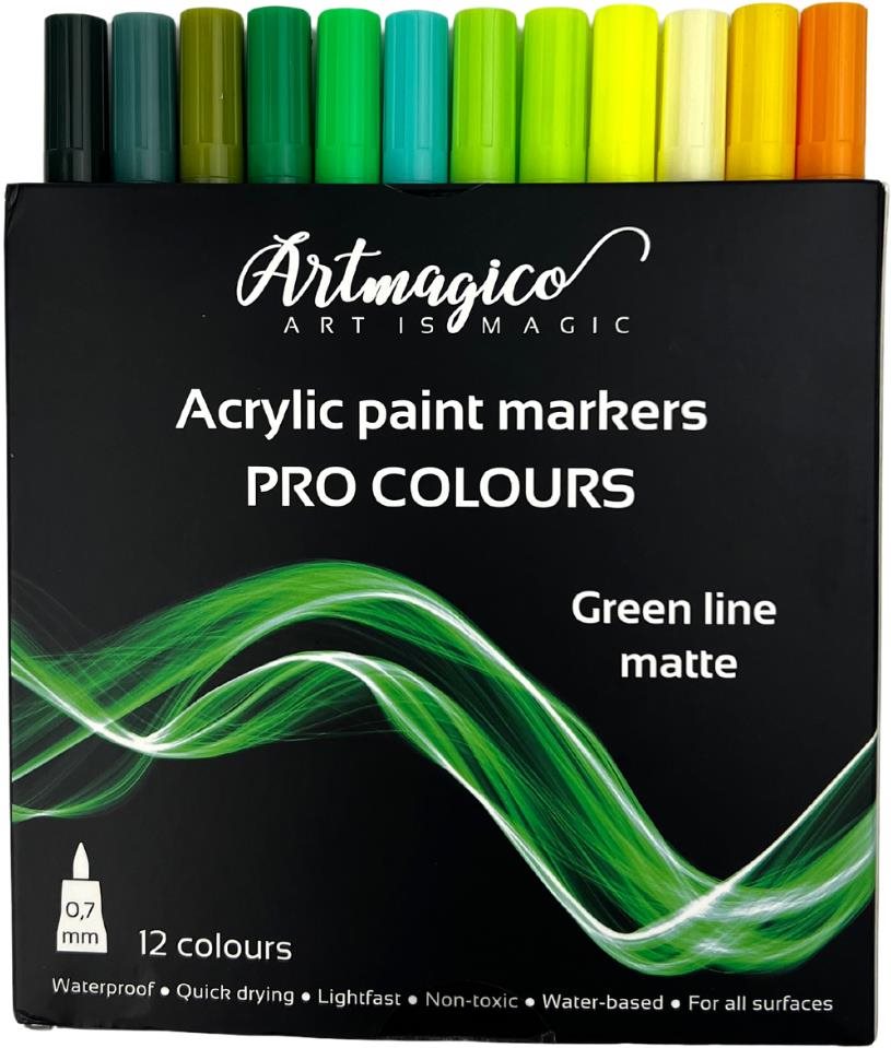 Artmagico Pro Green Line akrylové fixy, zelené odstíny, 12 ks