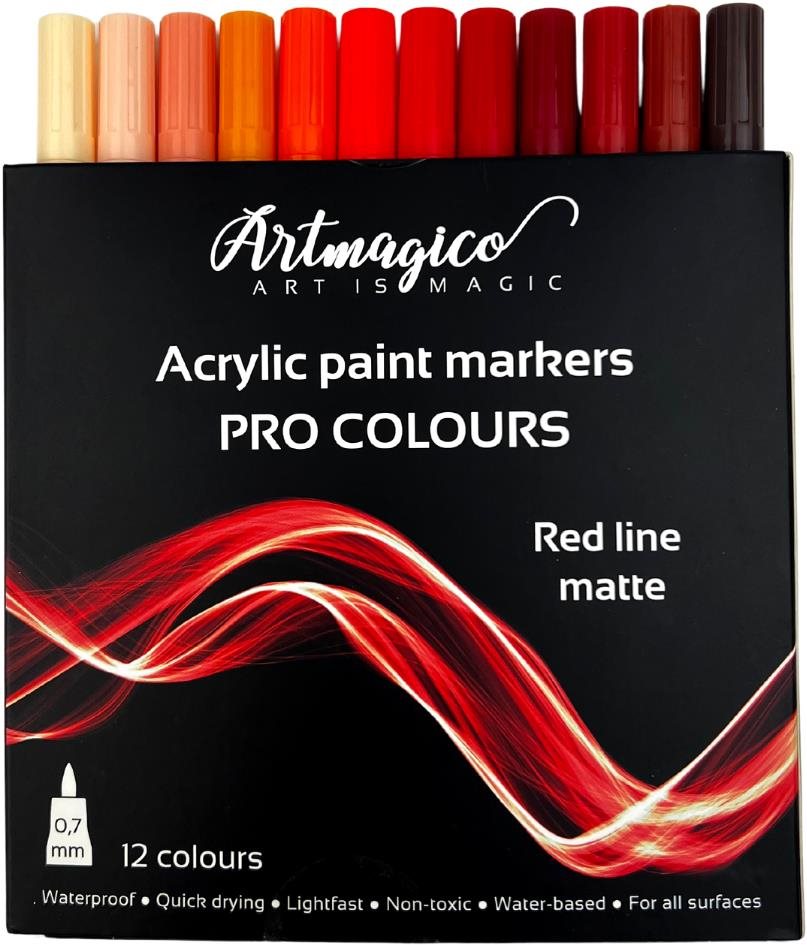 Artmagico Pro Red Line akrylové fixy, červené odstíny, 12 ks