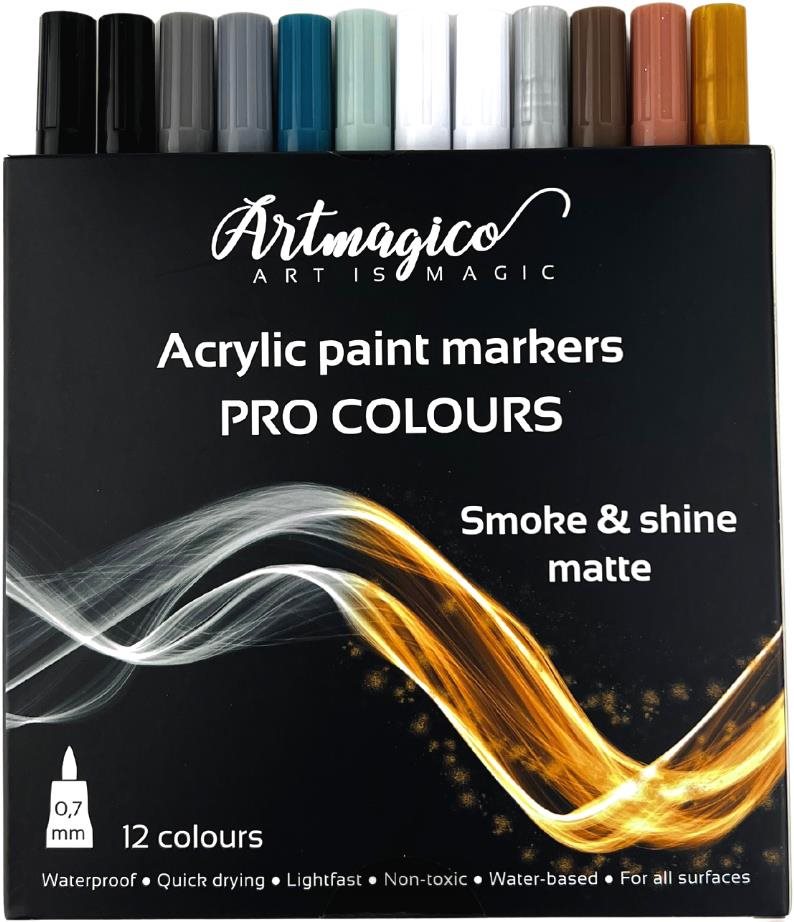 Artmagico Pro Smoke and Shine akrylové fixy, černo-bílé a metalické odstíny, 12 ks