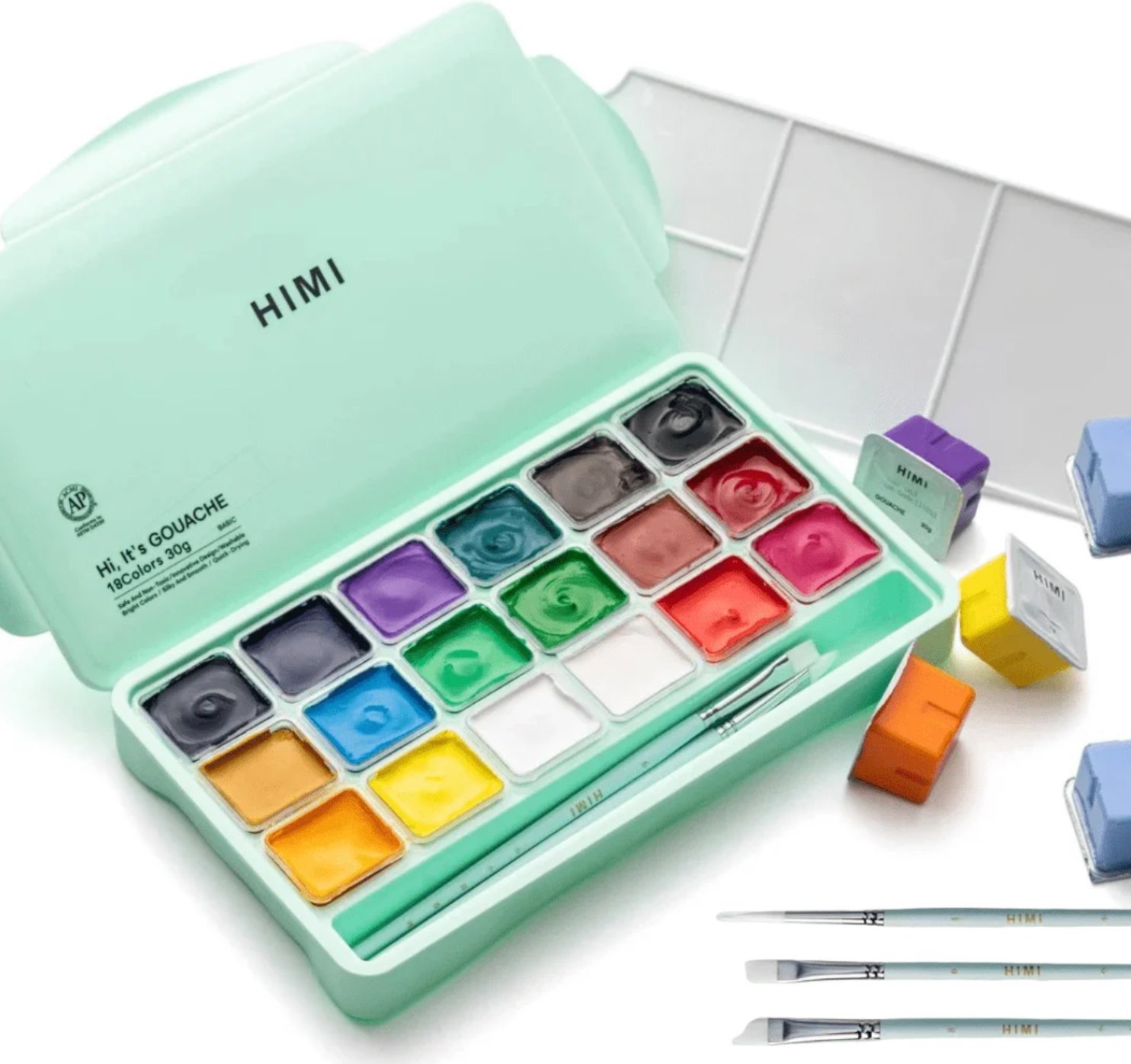 HIMI Jelly Cup Gouache Set 18 Colours, + 3 štětce, Green Edition