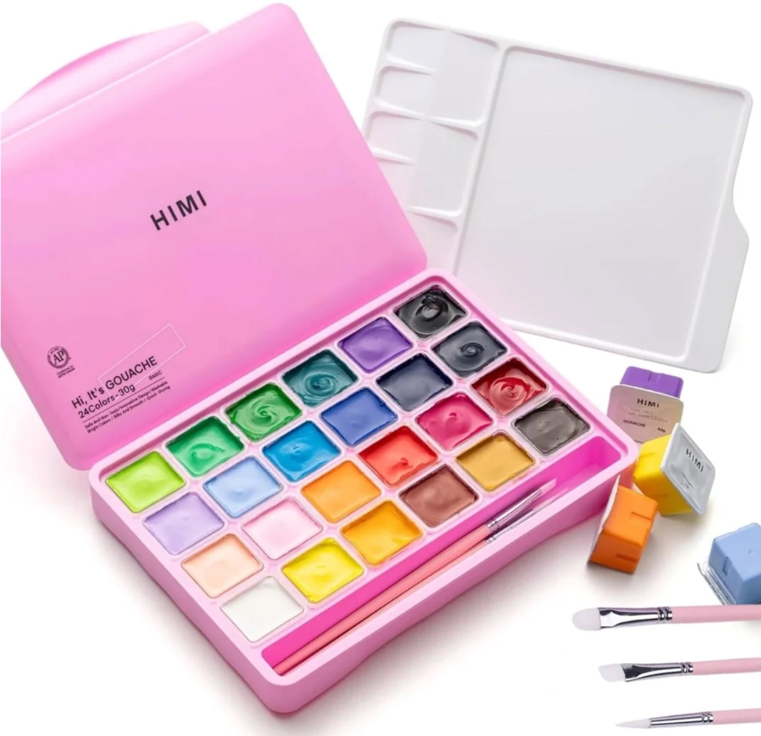 HIMI Jelly Cup Gouache Set 24 Colours, + 3 štětce, Pink Case Edition