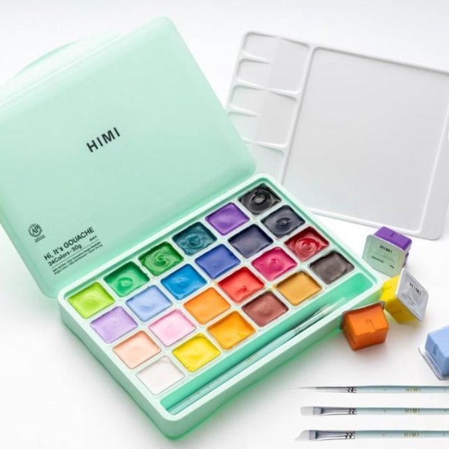 HIMI Jelly Cup Gouache Set 24 Colours, + 3 štětce, Green Case Edition