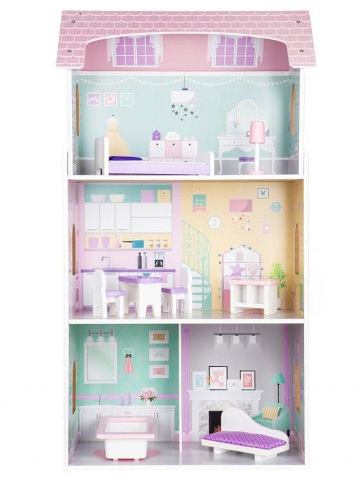 ECOTOYS Třípatrový domeček pro panenky jahodový