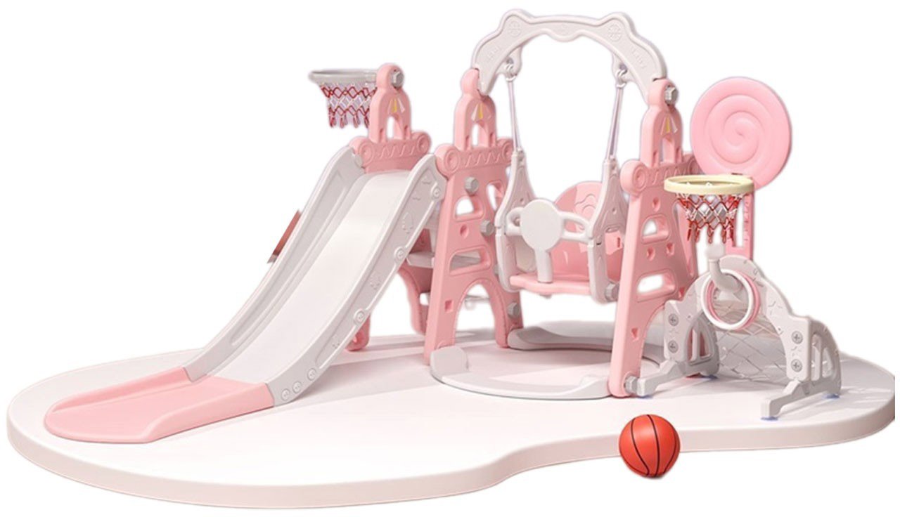 Emporio Plastová věžová skluzavka s houpačkou a dvěma košíky, růžová, 180 × 190 × 123 cm