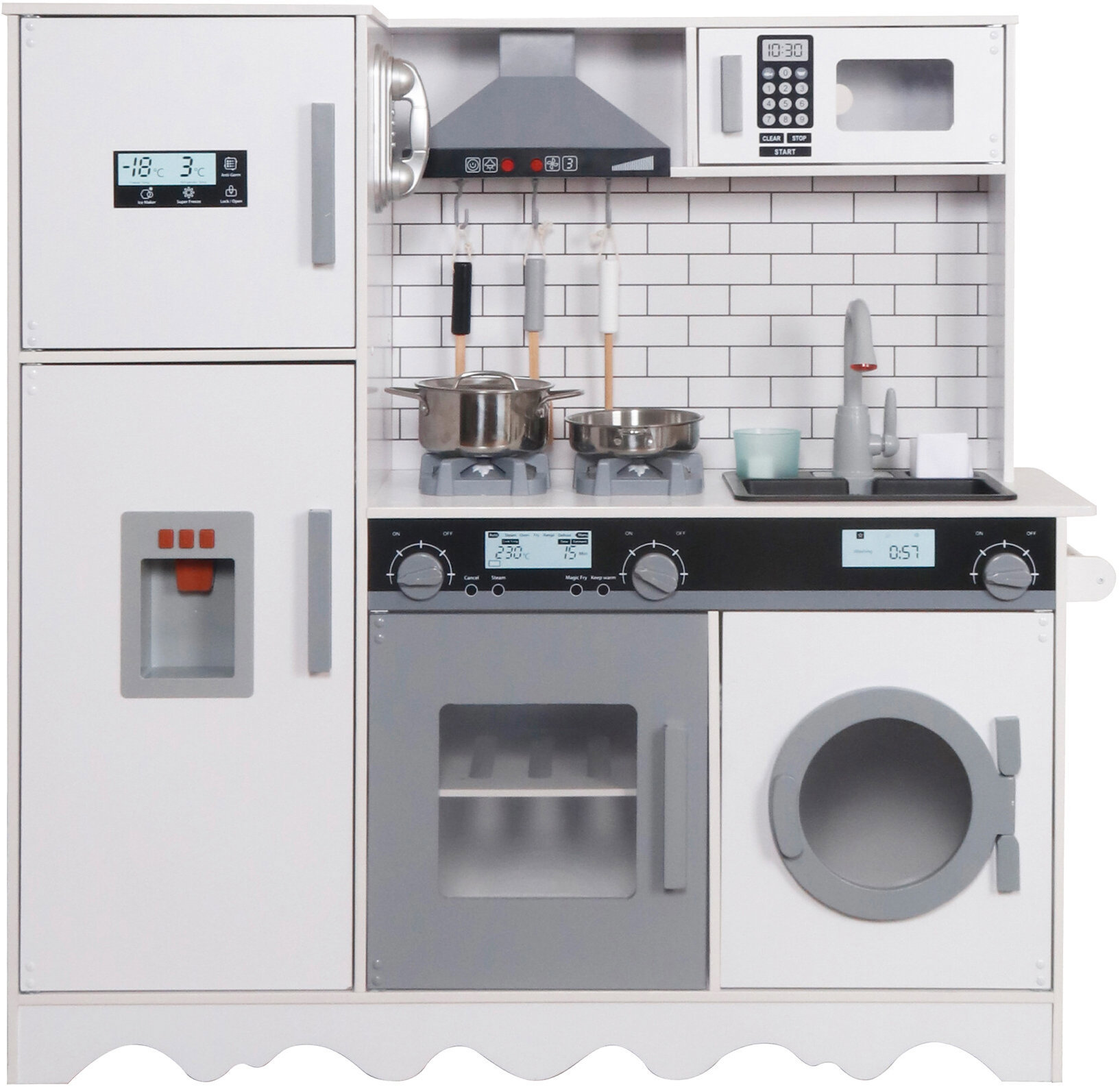 Aga4Kids Dřevěná kuchyňka Hedwig XXL s digestoří pračkou a realistickými efekty, bílo-šedá