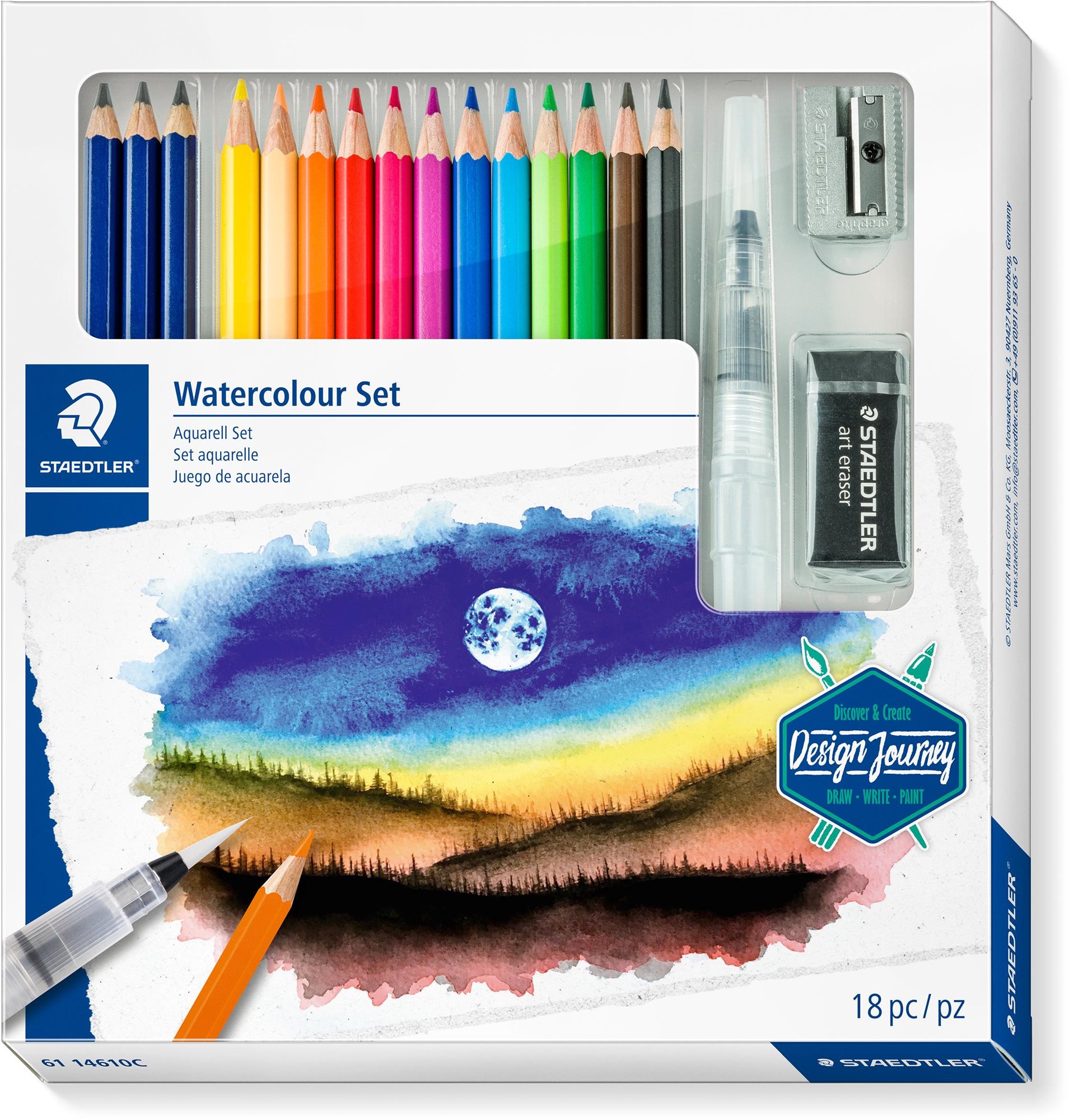 STAEDTLER Design Journey akvarelové se štětcem, pryží a ořezávátkem - sada 12 ks