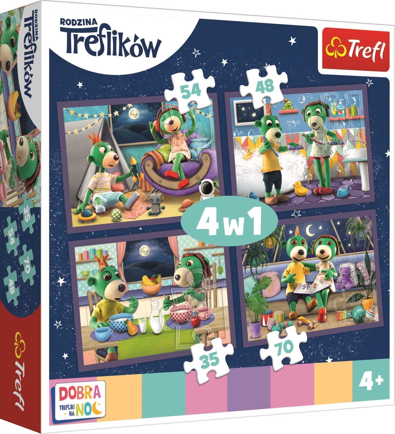 Trefl Puzzle Dobrou noc, Treflíci: Večerní rituály 4v1 (35,48,54,70 dílků)