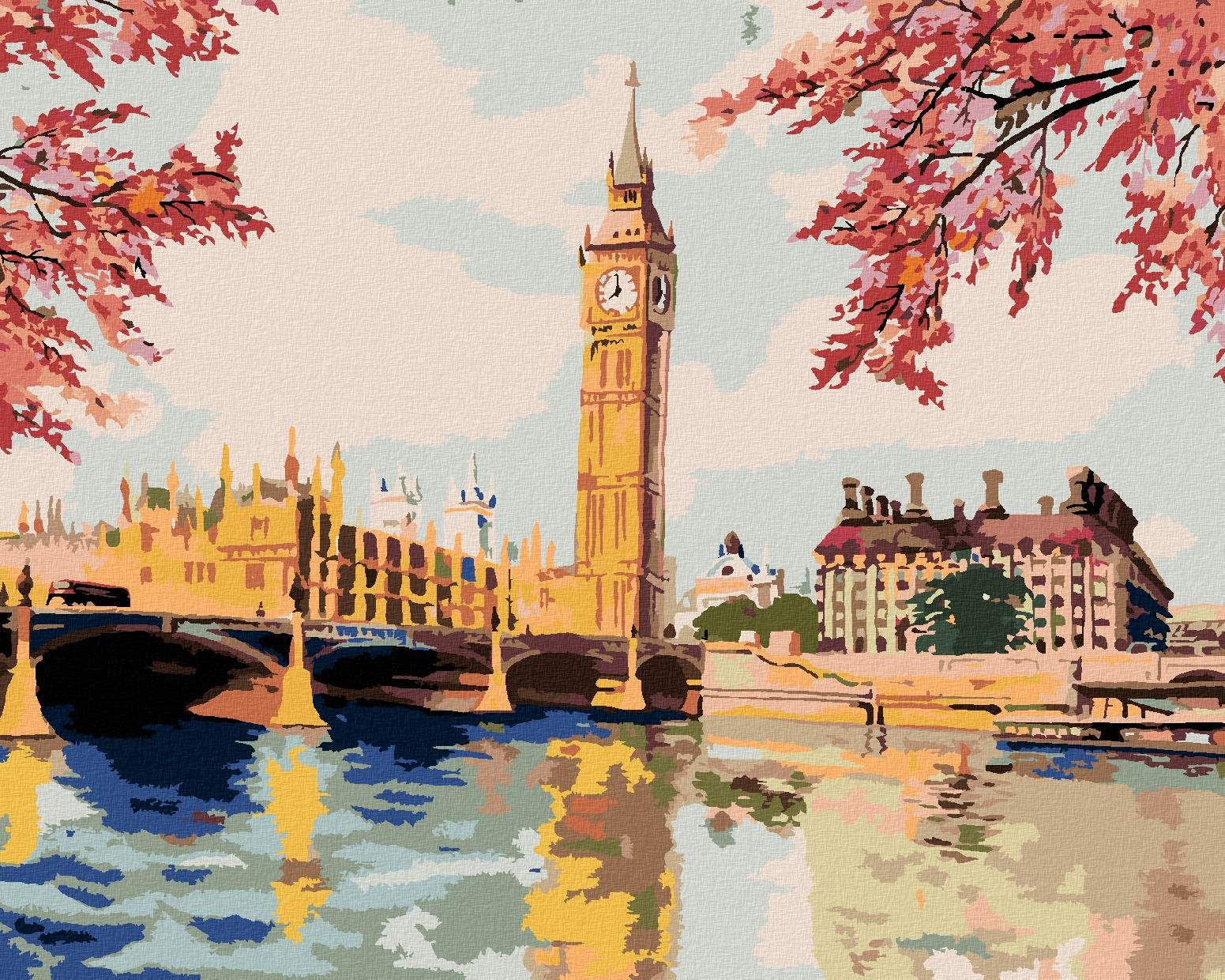 Malování podle čísel - Big Ben na podzim, 40x50 cm, bez rámu a bez vypnutí plátna