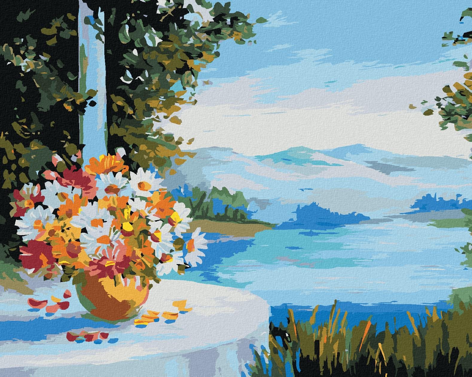 Malování podle čísel - Dům u moře s květinami na stole, 40x50 cm, bez rámu a bez vypnutí plátna