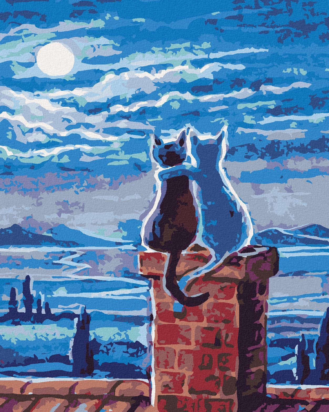 Malování podle čísel - Kočky na střeše a měsíc, 40x50 cm, vypnuté plátno na rám