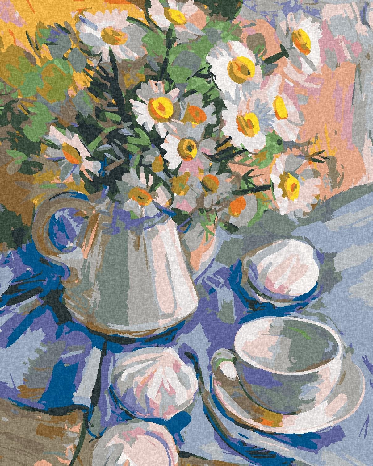 Malování podle čísel - Kopretiny ve váze na modrém ubrusu, 40x50 cm, bez rámu a bez vypnutí plátna