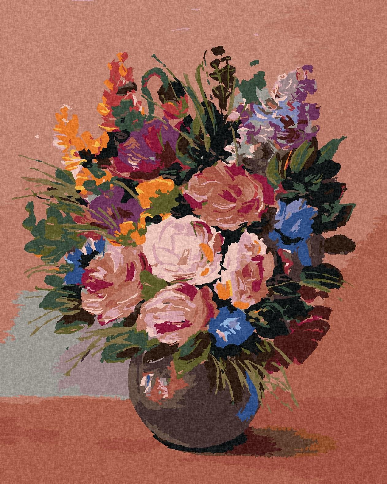 Malování podle čísel - Kytice květin na oranžovém pozadí, 40x50 cm, bez rámu a bez vypnutí plátna