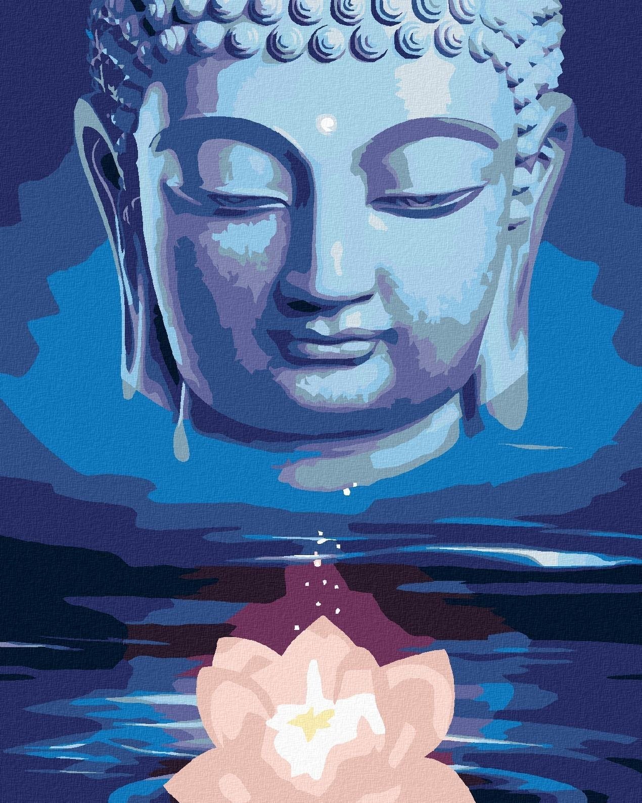 Malování podle čísel - Modrý buddha s lotosem, 80x100 cm, bez rámu a bez vypnutí plátna