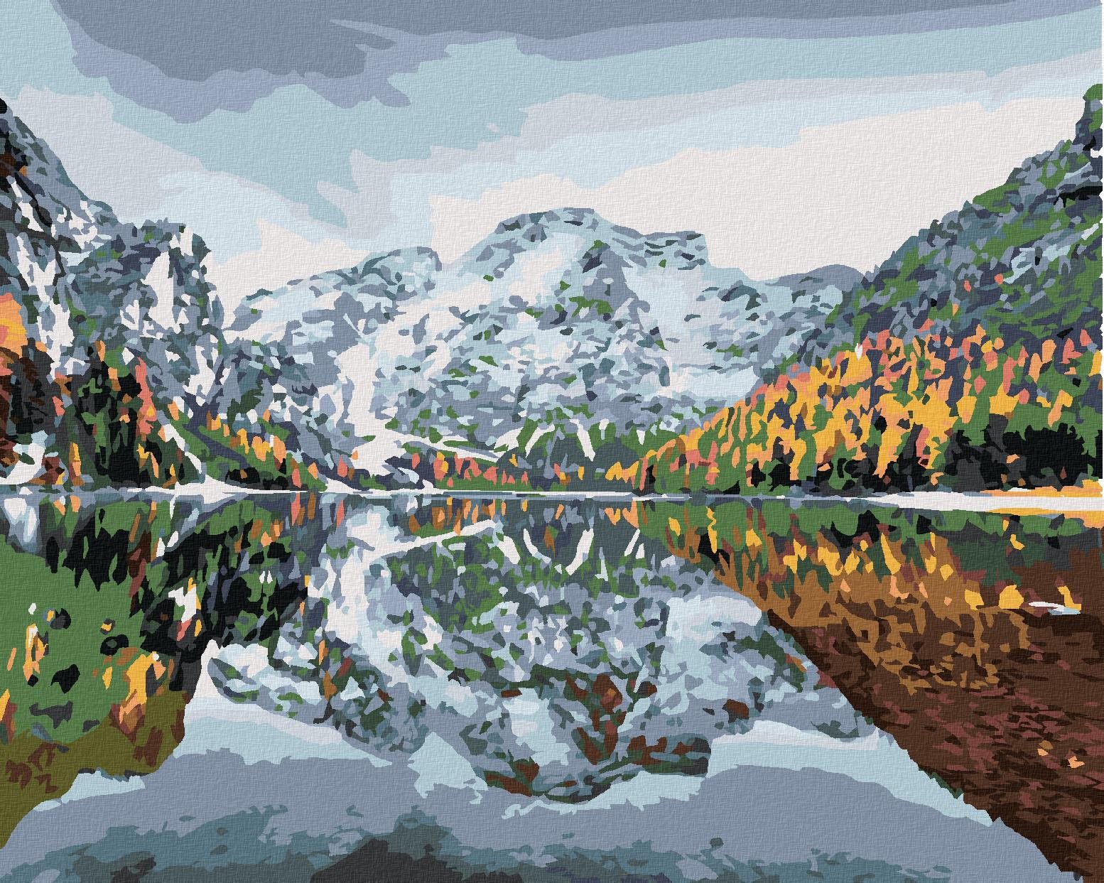 Malování podle čísel - První sníh na Braies lake, 40x50 cm, bez rámu a bez vypnutí plátna