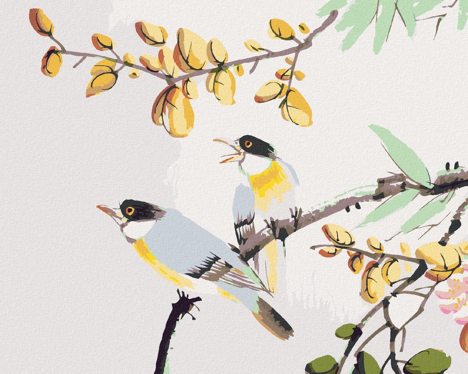 Malování podle čísel - Ptáčci na stromě čína, 40x50 cm, bez rámu a bez vypnutí plátna