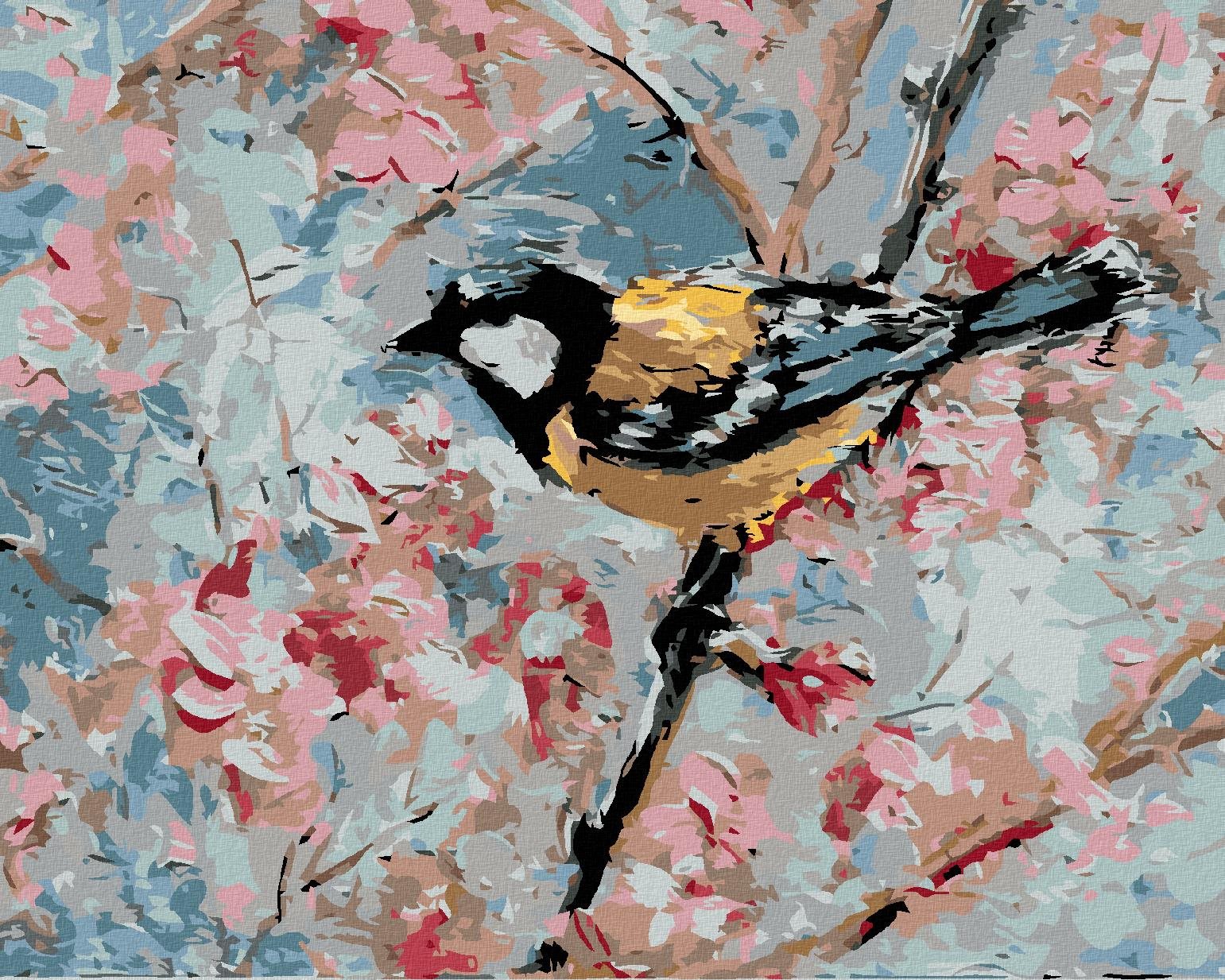 Malování podle čísel - Ptáček a růžové květiny, 40x50 cm, bez rámu a bez vypnutí plátna