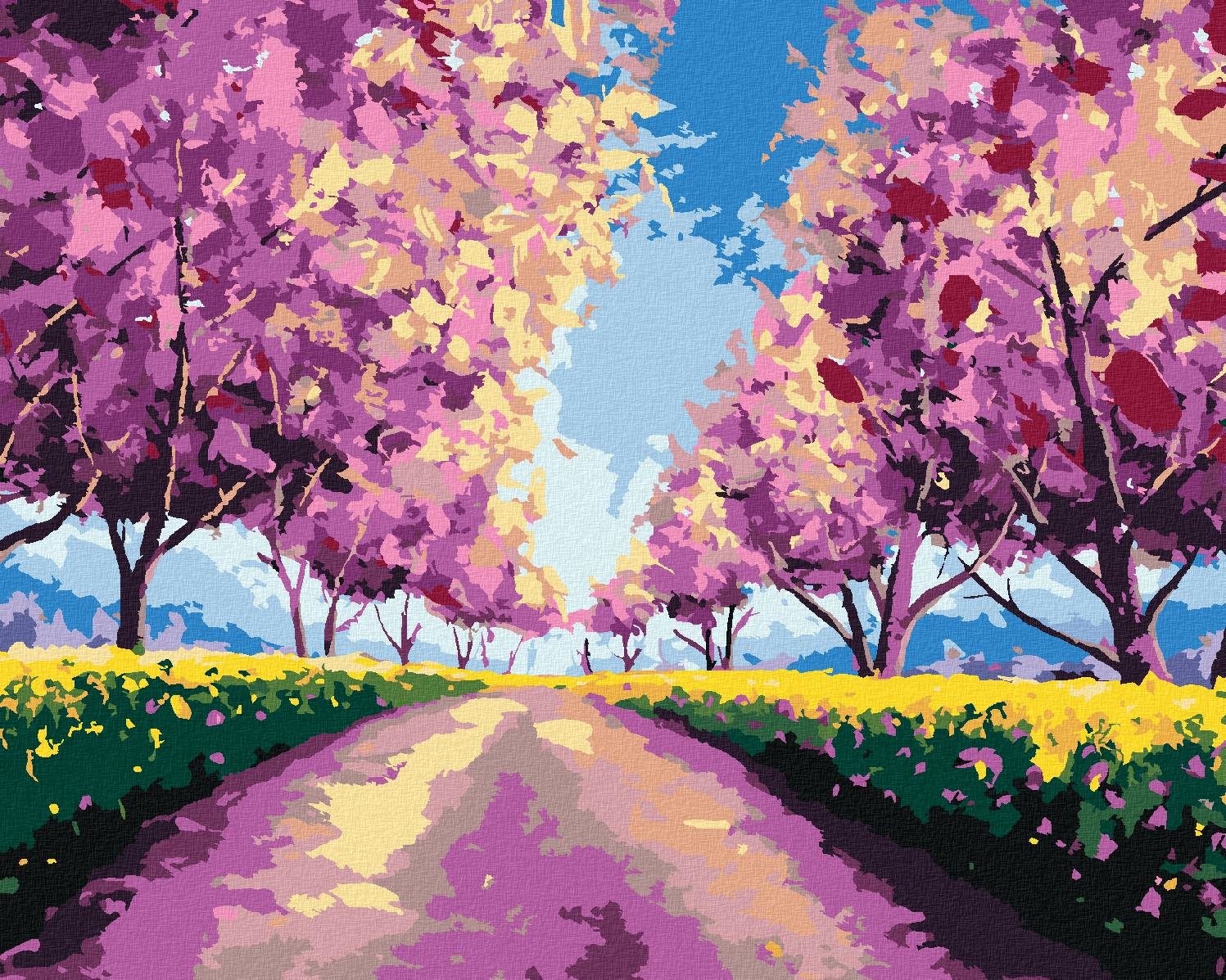 Malování podle čísel - Sakury na polní cestě, 40x50 cm, bez rámu a bez vypnutí plátna