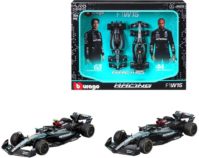 Bburago Mercedes-AMG F1 W15 (2024) 1:43 (dárkový set 2 ks)