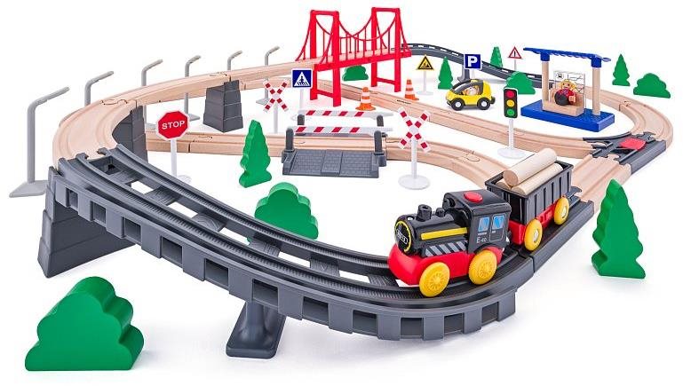 Woody Vláčkodráha s elektrickou mašinkou a mostem 80 dílů