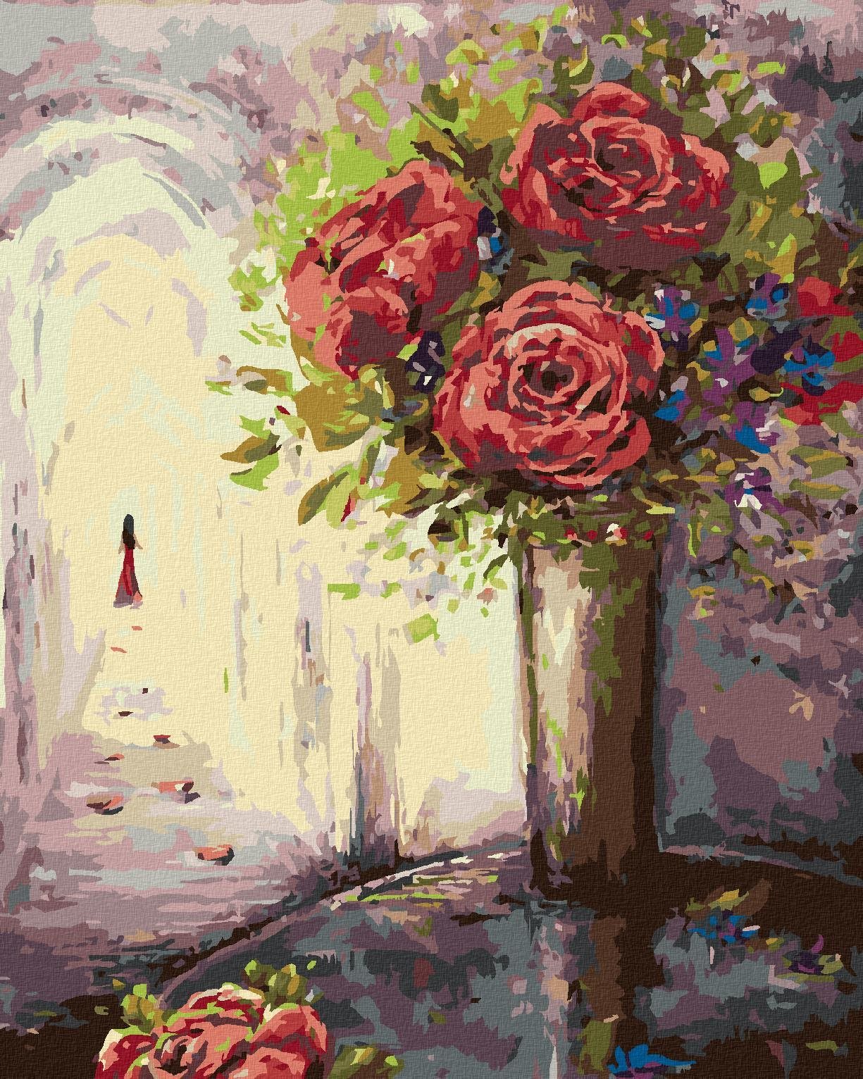 Zuty - Malování Podle Čísel - Růže Ve Váze A Žena V Dáli, 80X100 Cm, Plátno