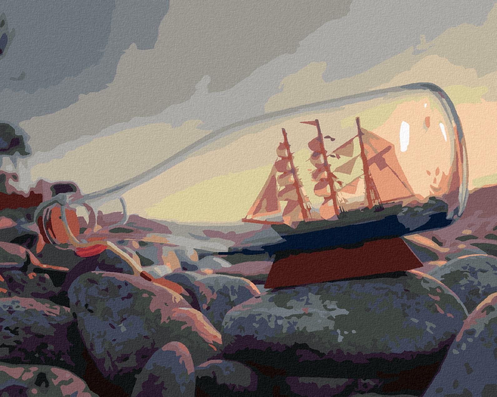 Zuty - Malování Podle Čísel - Loď V Lahvi U Moře, 80X100 Cm, Plátno