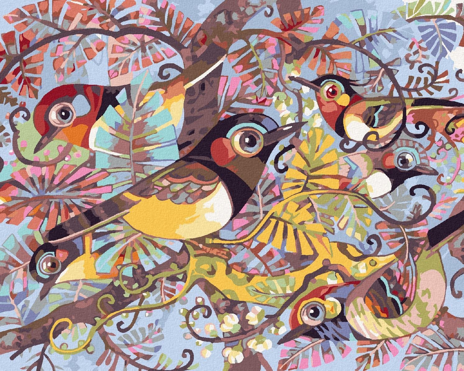 Zuty - Malování Podle Čísel - Malovaní Ptáci Ve Větvích, 80X100 Cm, Plátno+Rám
