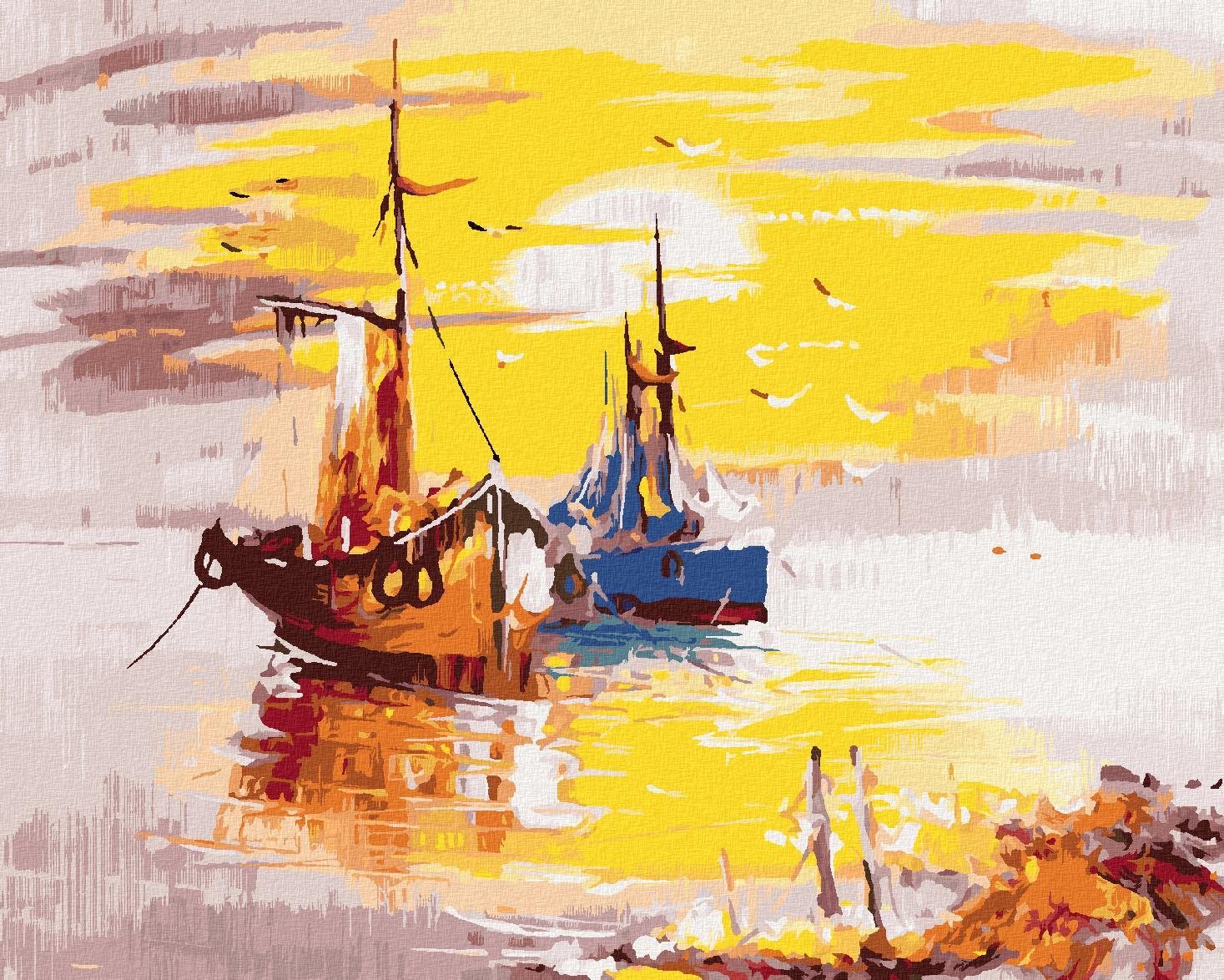 Zuty - Malování Podle Čísel - Malované Lodě A Západ Slunce, 40X50 Cm, Plátno