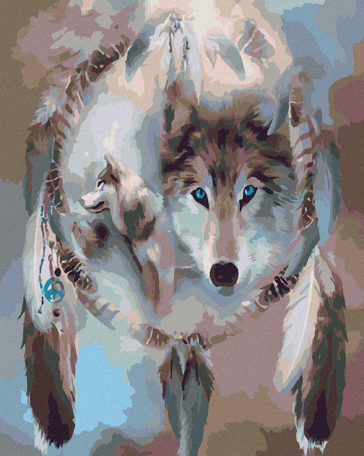 Malování podle čísel - Vlčí talisman, 40x50 cm, bez rámu a bez vypnutí plátna