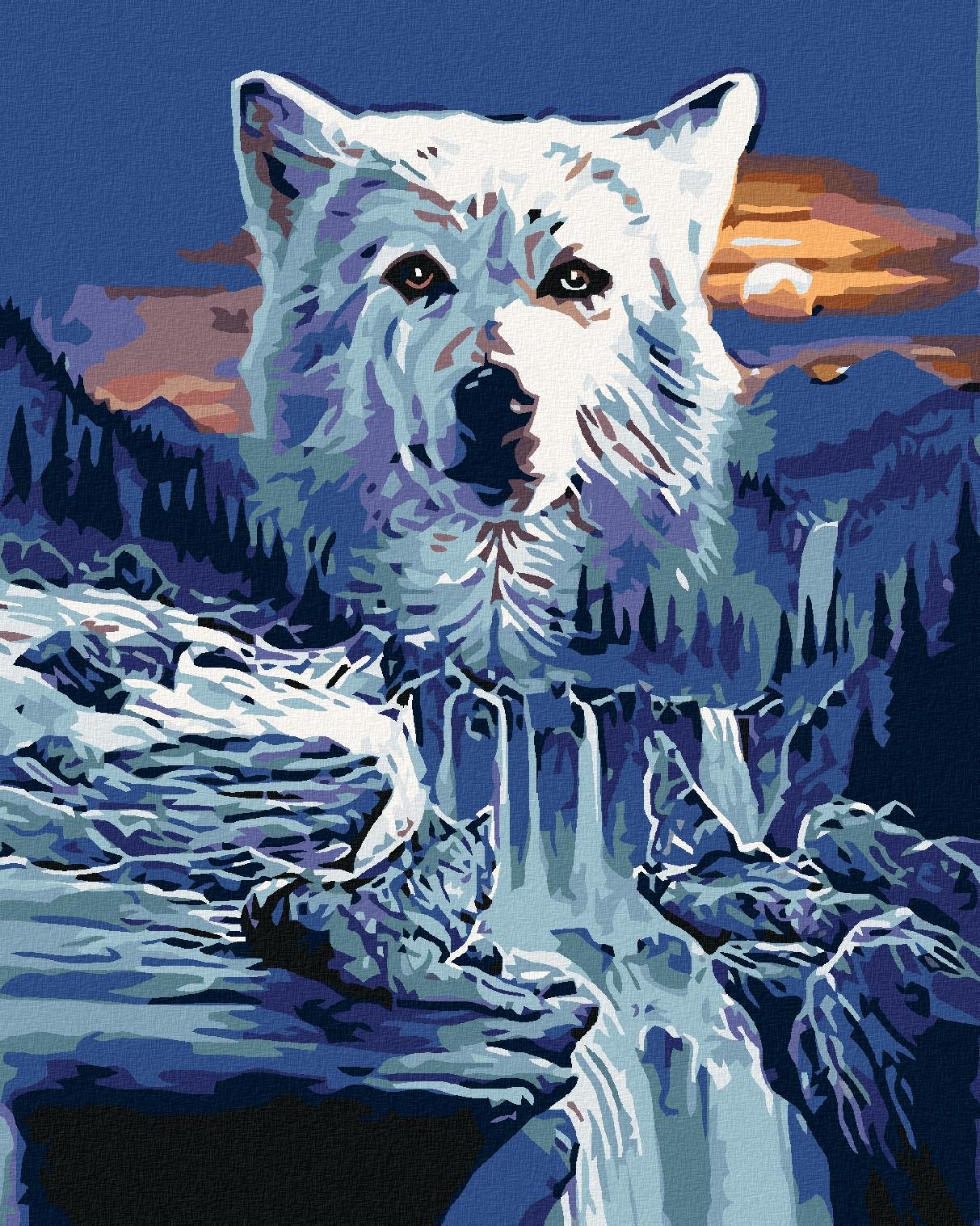 Malování podle čísel - Vlk a vodopády, 80x100 cm, bez rámu a bez vypnutí plátna