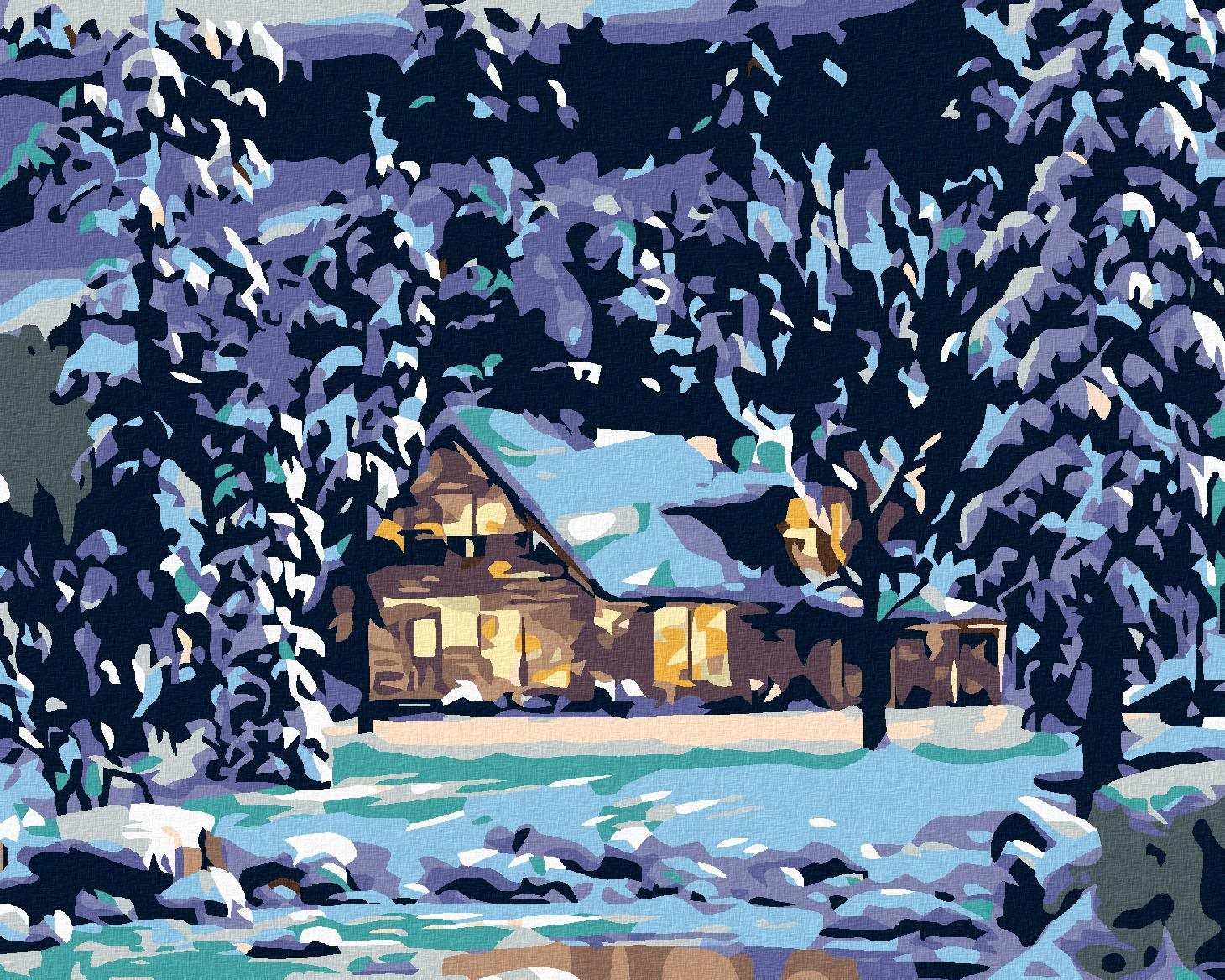 Malování podle čísel - Zasněžený srub v lese, 100x80 cm, bez rámu a bez vypnutí plátna
