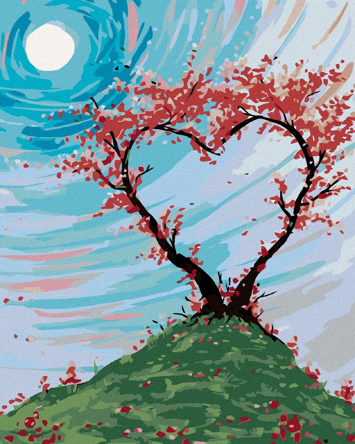 Malování podle čísel - Keřík na kopci ve tvaru srdce, 40x50 cm, bez rámu a bez vypnutí plátna