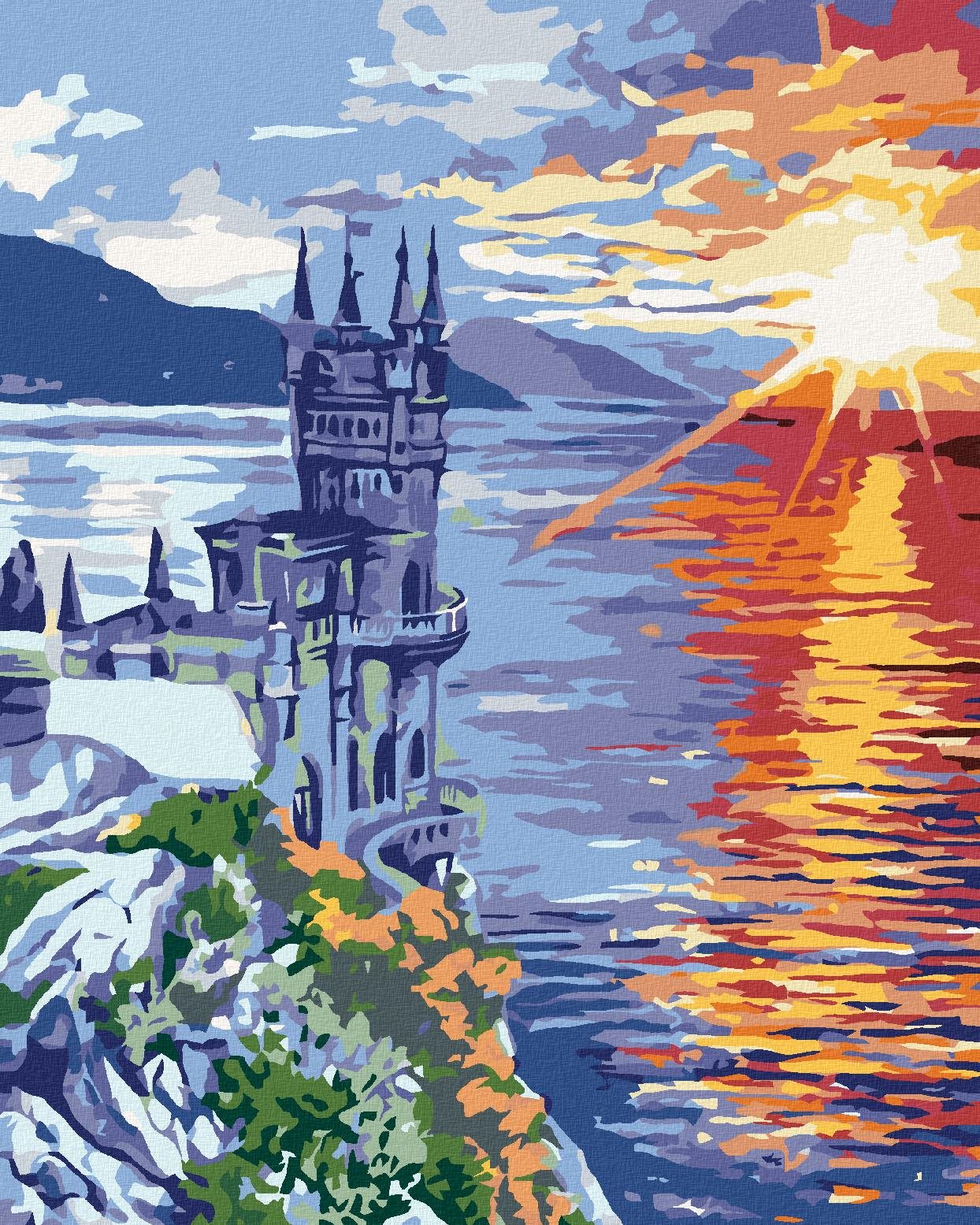 Malování podle čísel - Zámek na skále a východ slunce, 40x50 cm, bez rámu a bez vypnutí plátna
