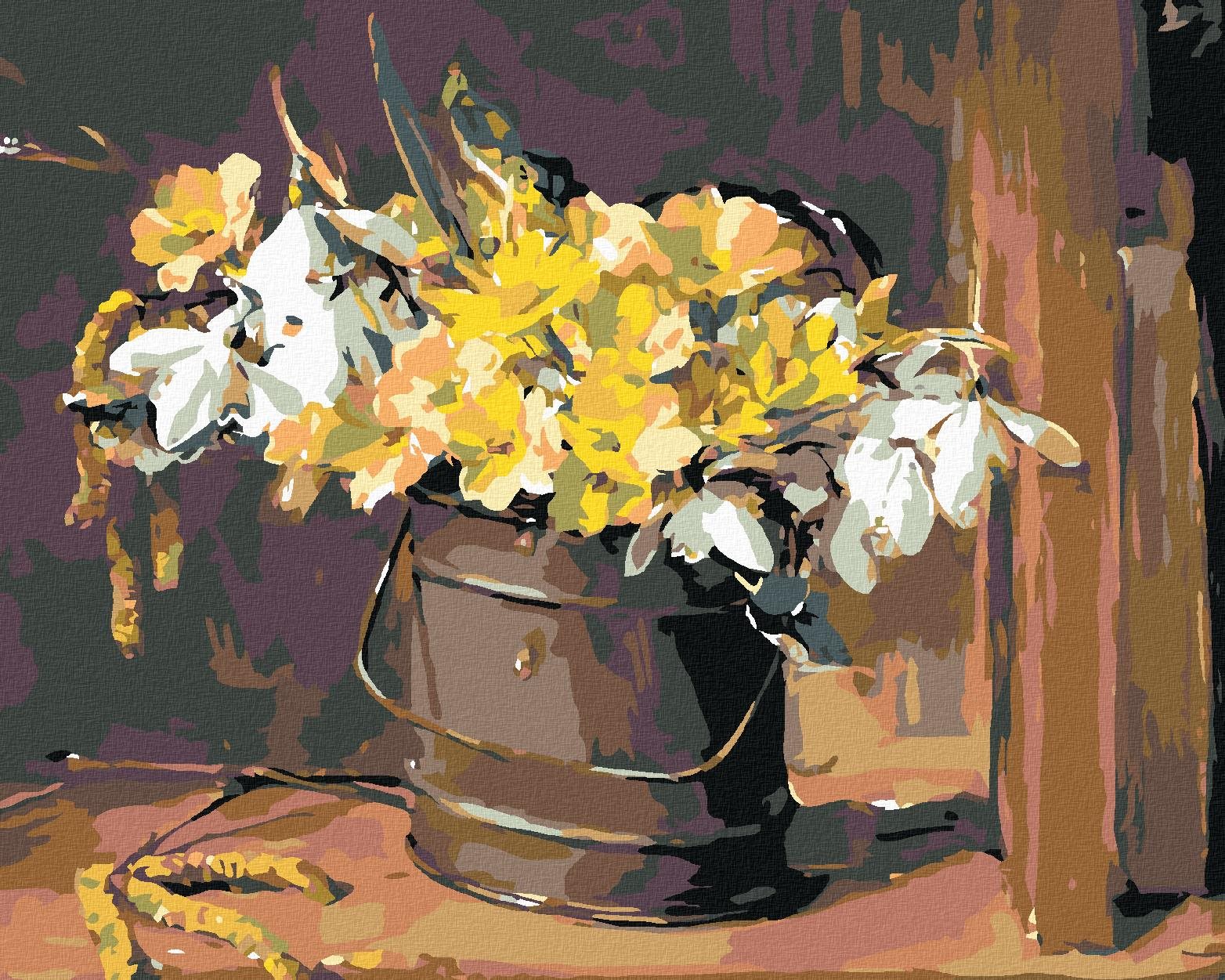 Malování podle čísel - Luční kvítí v kyblíku, 50x40 cm, bez rámu a bez vypnutí plátna