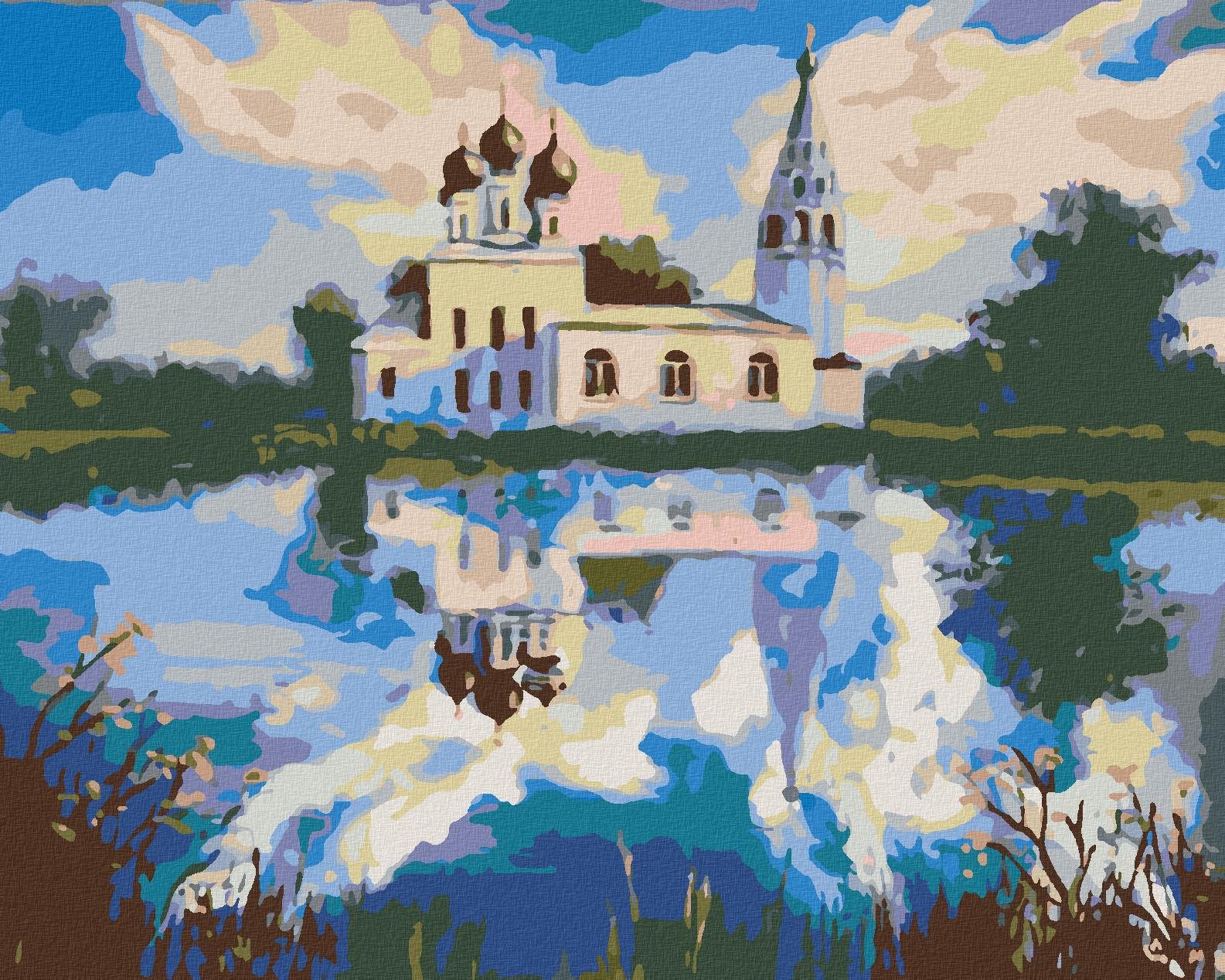 Malování podle čísel - Kostelík u rybníka, 50x40 cm, bez rámu a bez vypnutí plátna