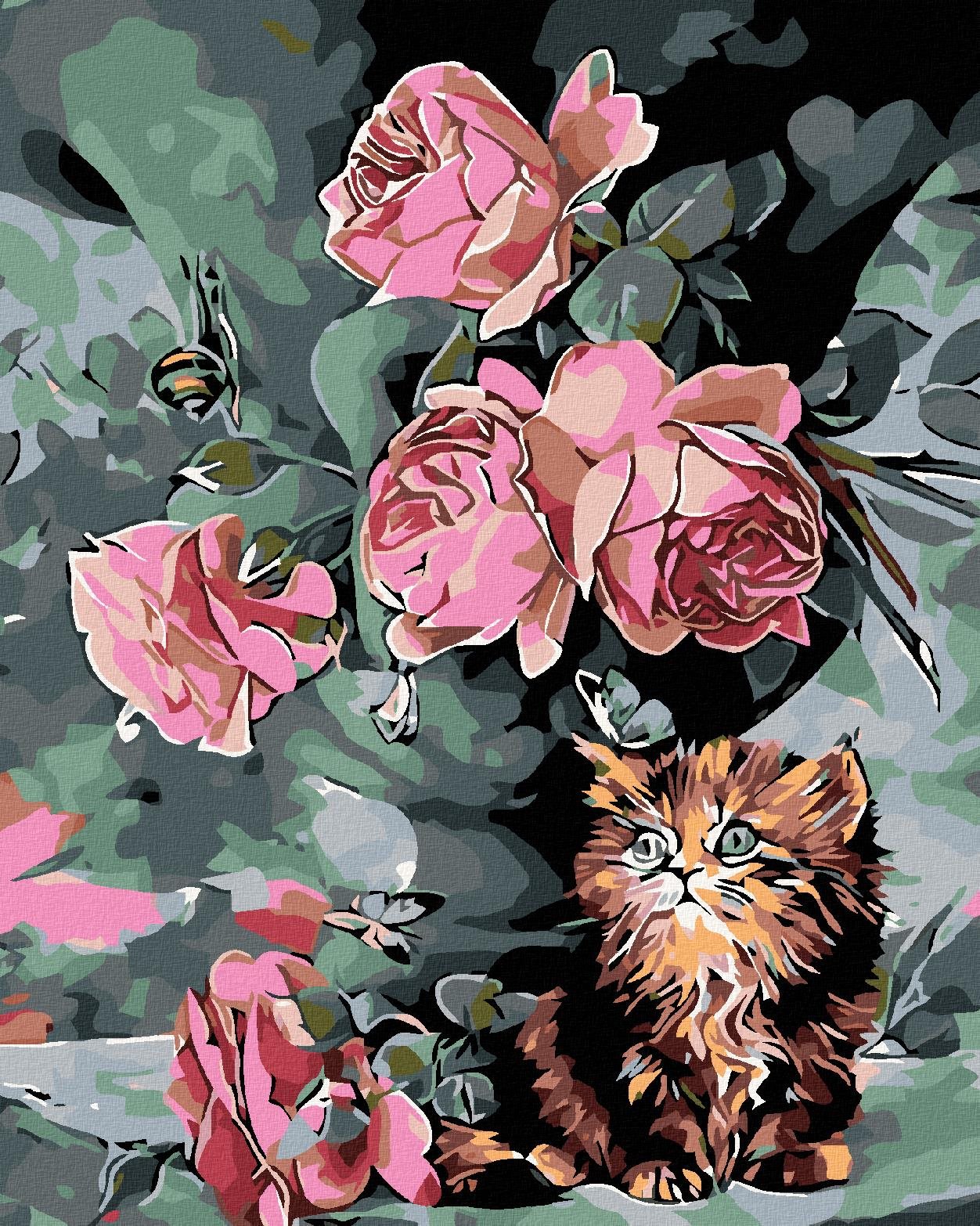 Malování podle čísel - Malé kotě mezi květy, 40x50 cm, bez rámu a bez vypnutí plátna