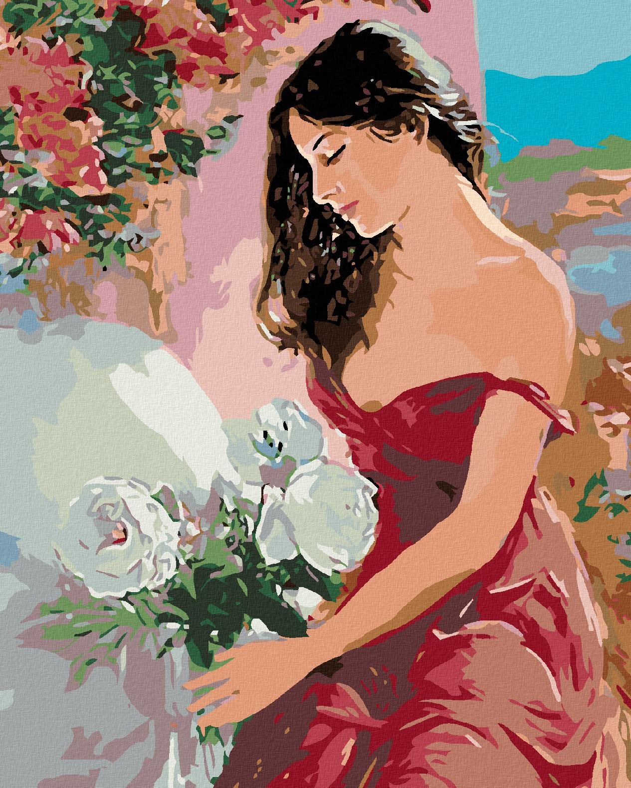 Malování podle čísel - Žena a růže, 40x50 cm, bez rámu a bez vypnutí plátna