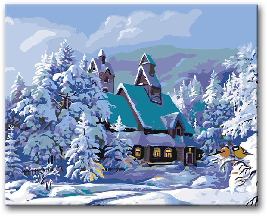 Malování podle čísel - Zasněžený dům, 80x100 cm, vypnuté plátno na rám