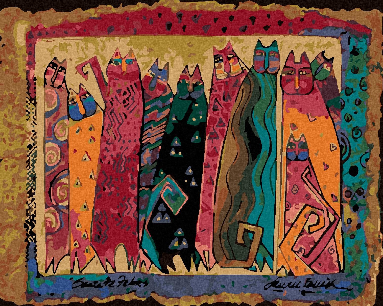 Malování podle čísel - Kočky na zlatém pozadí, 100x80 cm, vypnuté plátno na rám