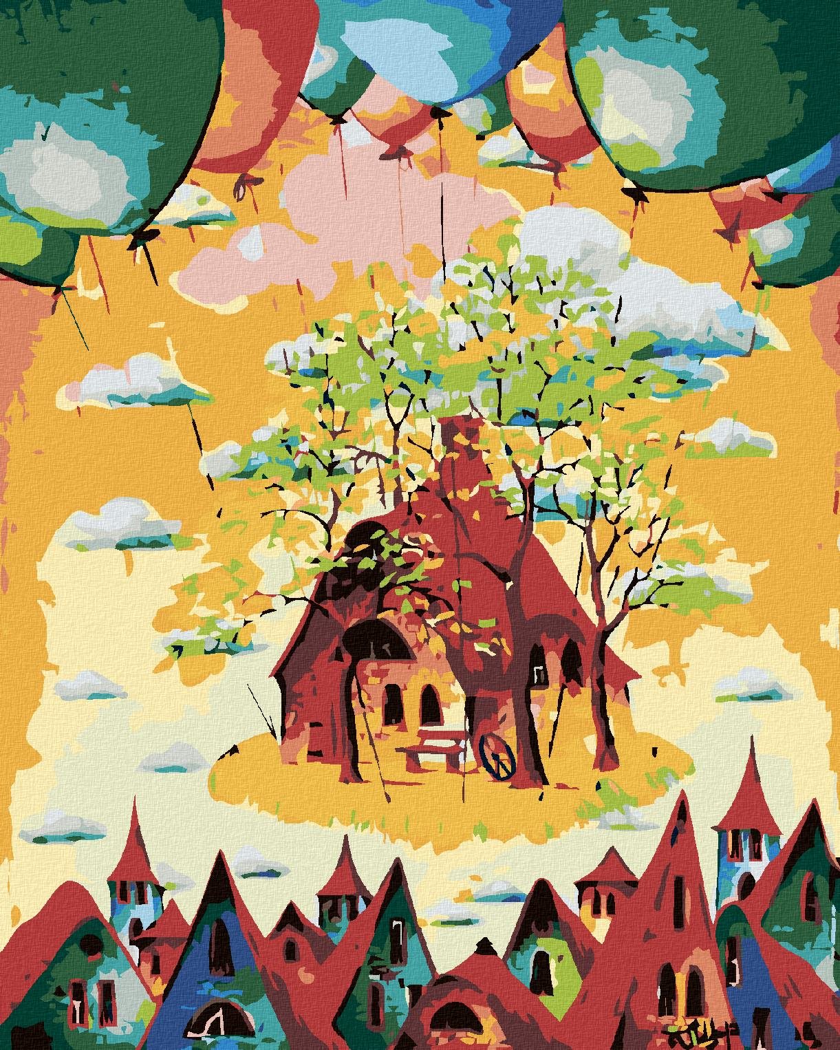 Malování podle čísel - Barevné domky s balonky, 40x50 cm, bez rámu a bez vypnutí plátna