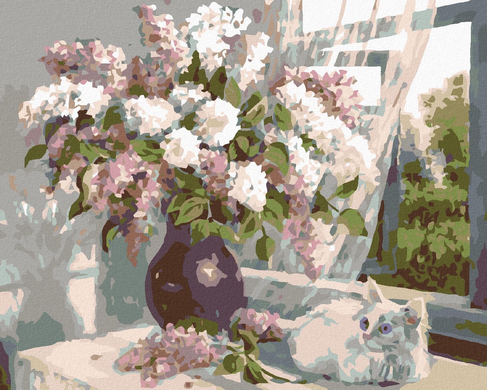 Malování podle čísel - Bílé kotě a šeřík ve váze, 100x80 cm, bez rámu a bez vypnutí plátna