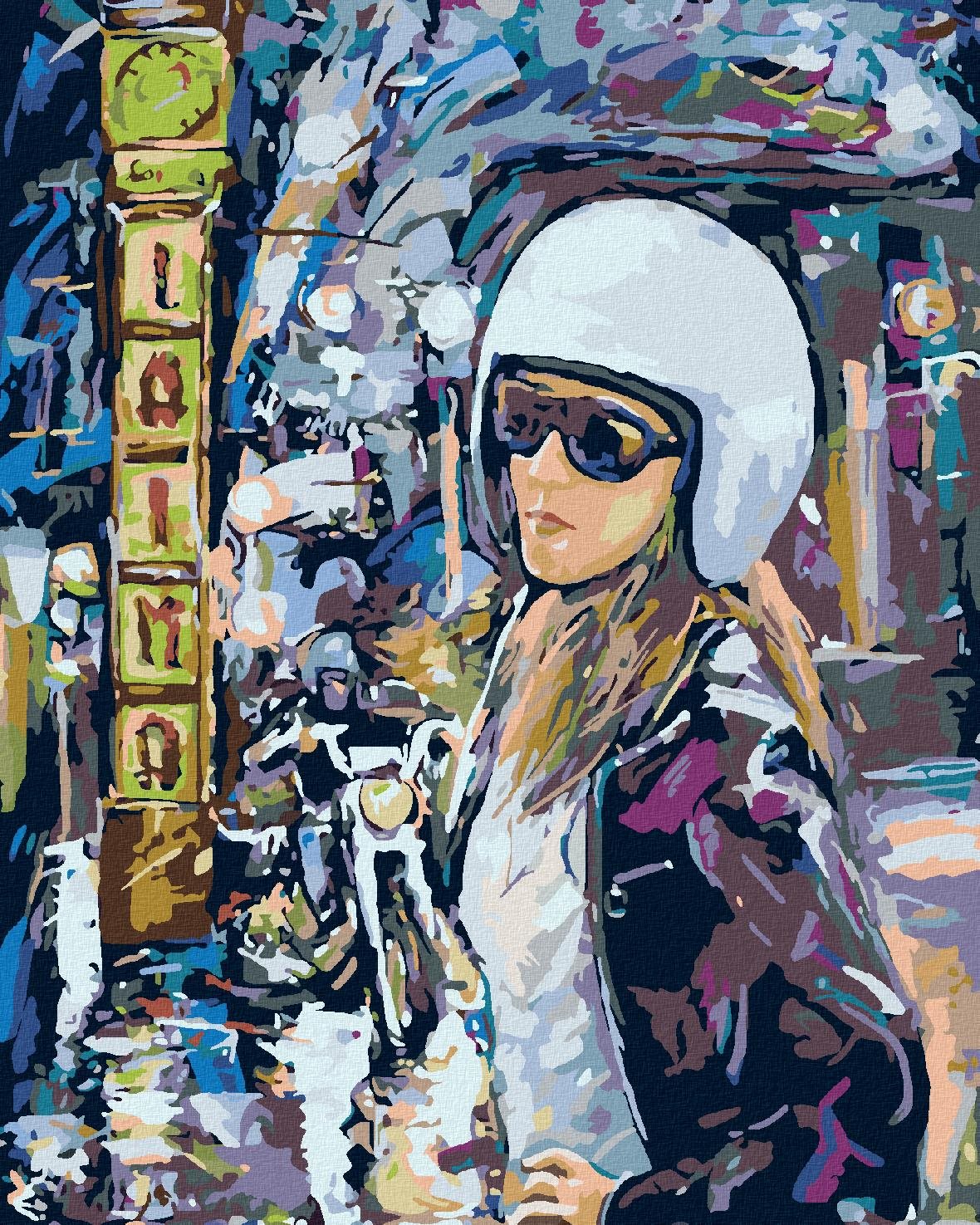Malování podle čísel - Motorkářka ve městě, 80x100 cm, vypnuté plátno na rám