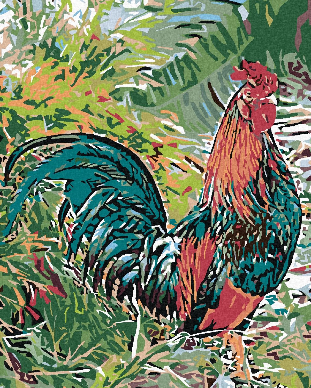 Malování podle čísel - Kohout v trávě, 80x100 cm, bez rámu a bez vypnutí plátna