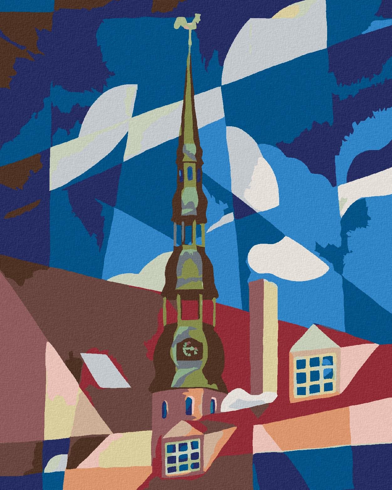 Malování podle čísel - Střecha domu a nebe, 40x50 cm, bez rámu a bez vypnutí plátna