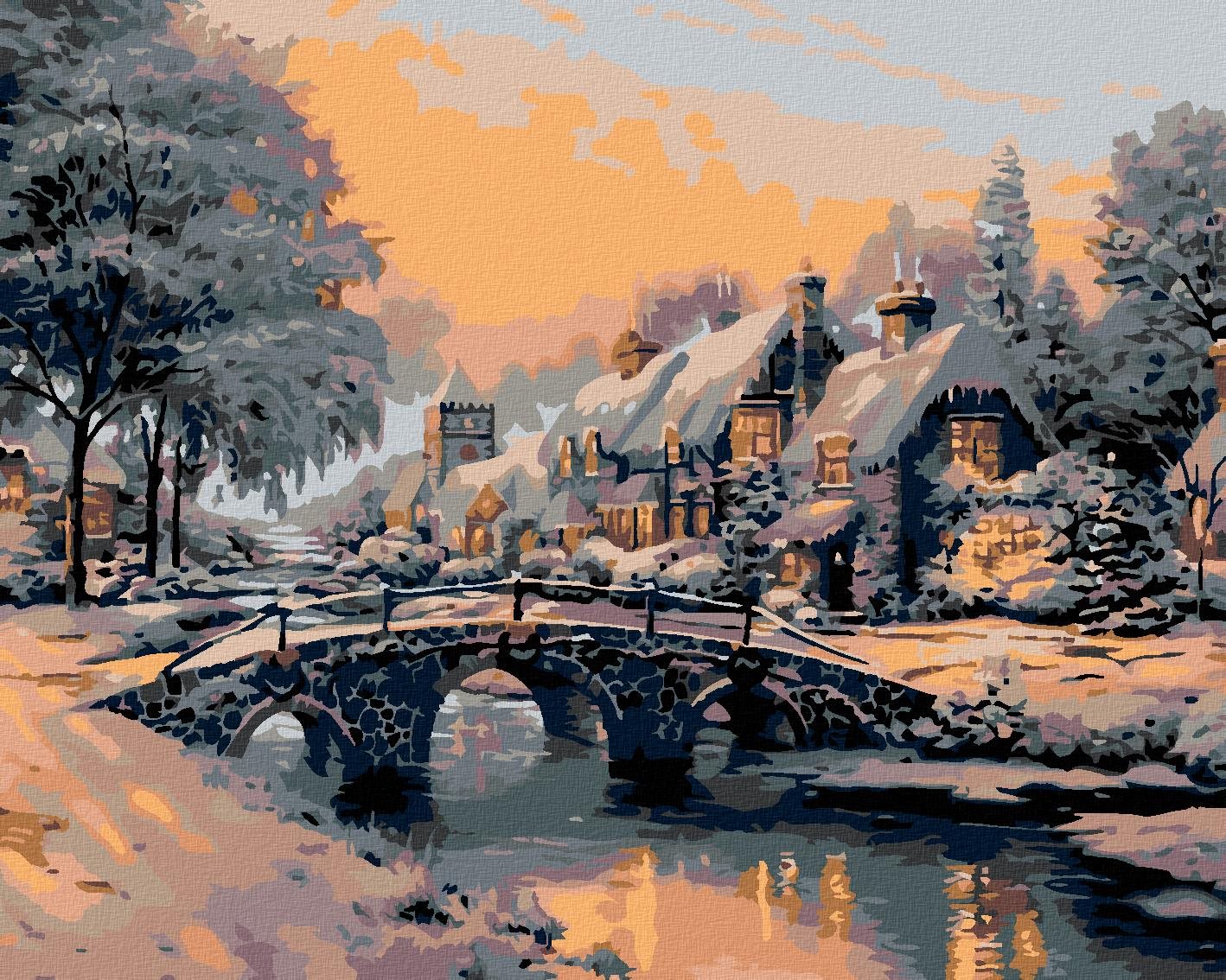 Malování podle čísel - Most přes zamrzlou říčku, 50x40 cm, bez rámu a bez vypnutí plátna