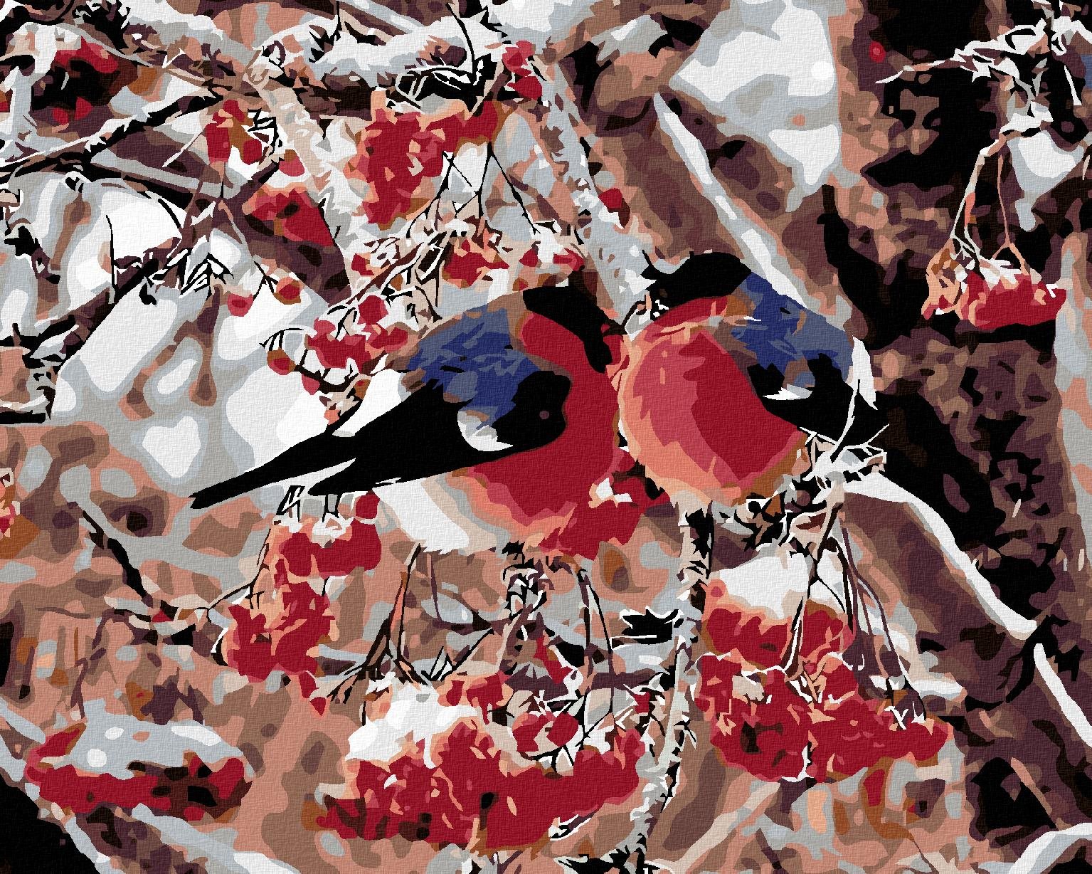 Malování podle čísel - Ptáčci v jeřabinách, 100x80 cm, bez rámu a bez vypnutí plátna