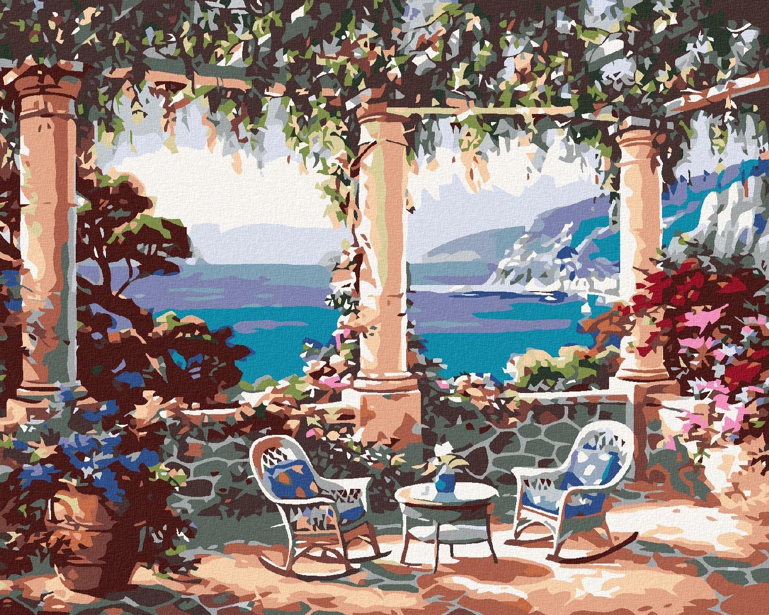 Malování podle čísel - Posezení s výhledem na moře, 100x80 cm, bez rámu a bez vypnutí plátna