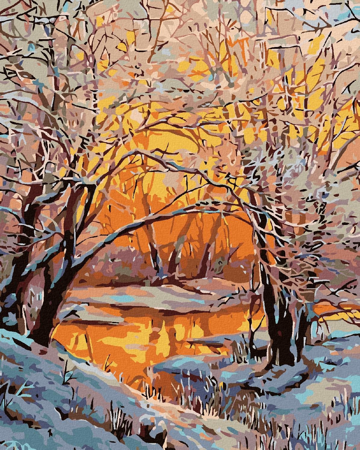 Malování podle čísel - Zasněžená řeka, 80x100 cm, bez rámu a bez vypnutí plátna