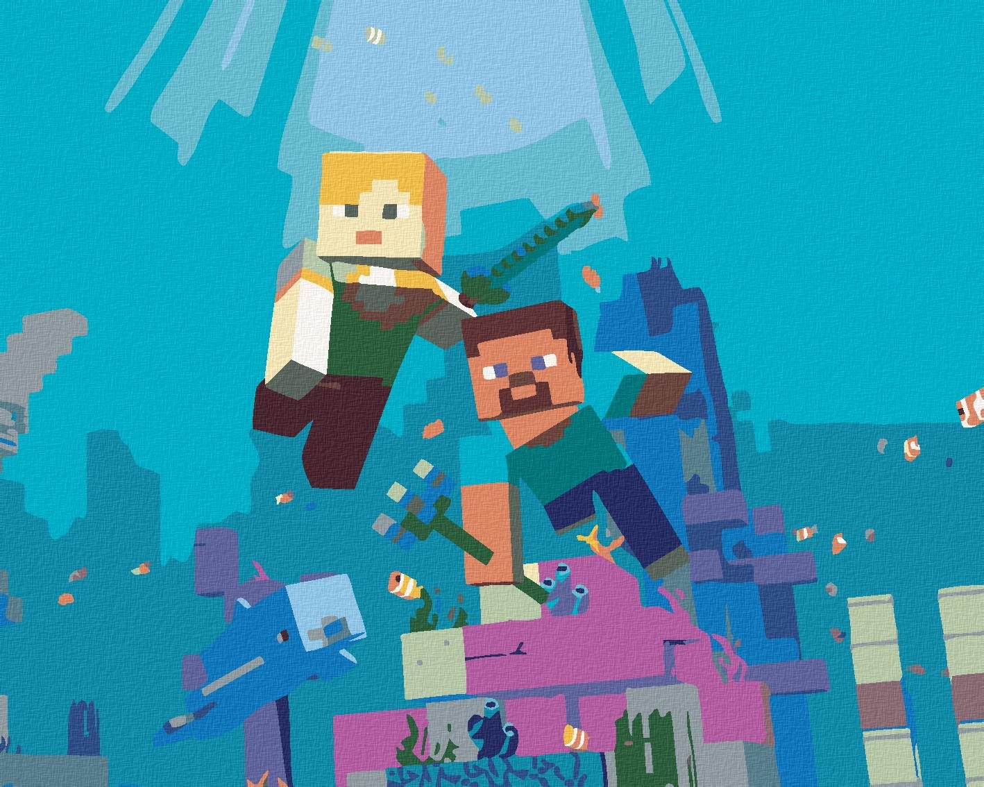 Malování podle čísel - Minecraft - Pod vodou, 100x80 cm, vypnuté plátno na rám